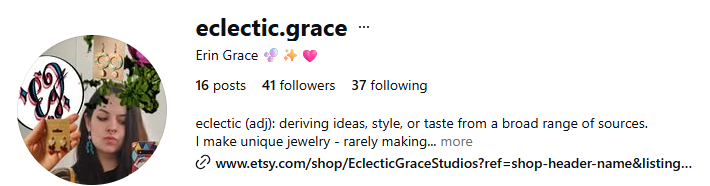 Instagram profile of Eclectic Grace by Erin Grace, displaying a profile photo of a woman with dark hair holding a phone, floral elements, and a cover photo with jewelry and floral decorations.