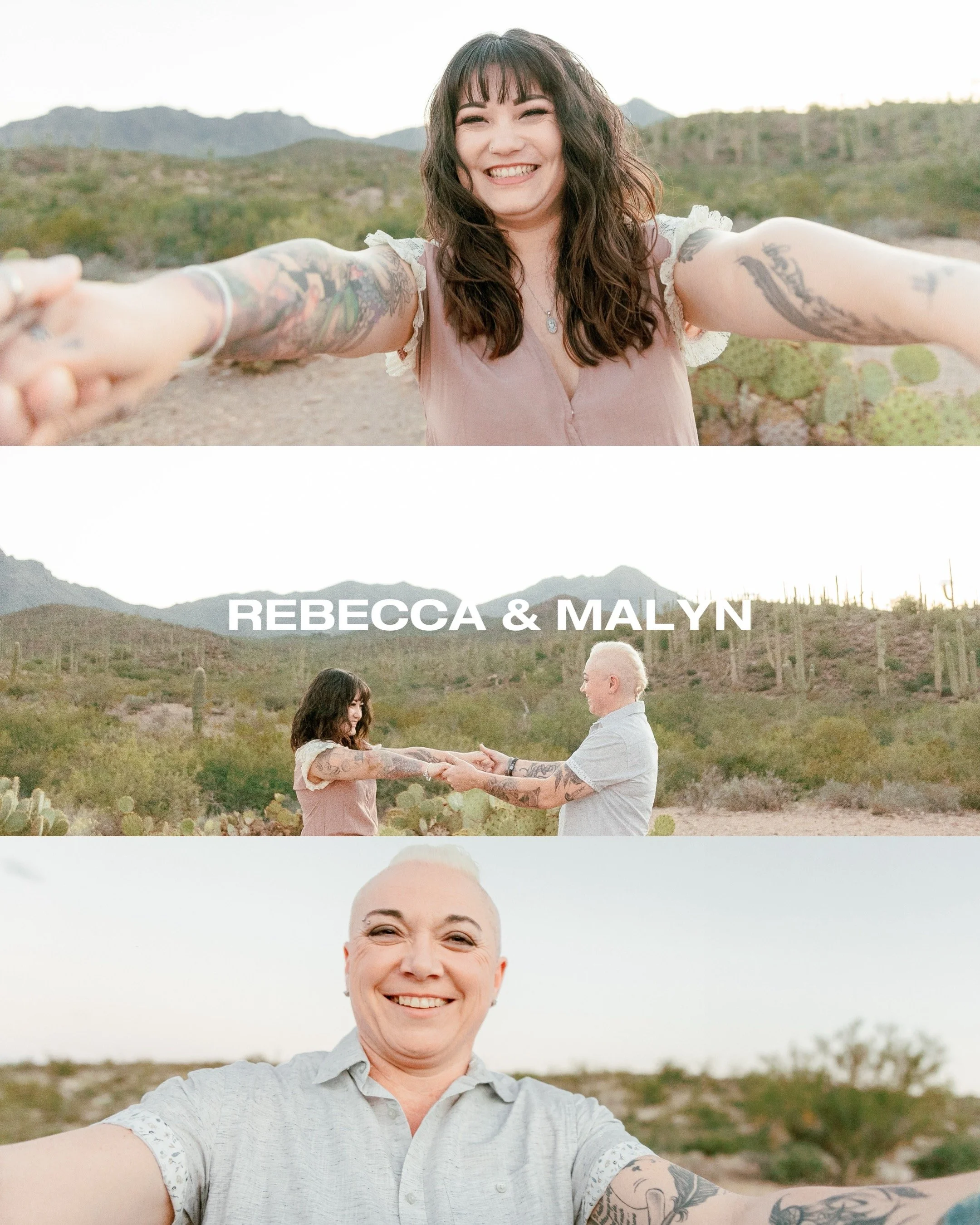 A woman with dark brown hair and tattoos on her arms takes a selfie in a desert landscape with mountains in the background. The woman is smiling and wearing a light pink blouse in the first photo, a white shirt in the second, and a light gray shirt in the third.