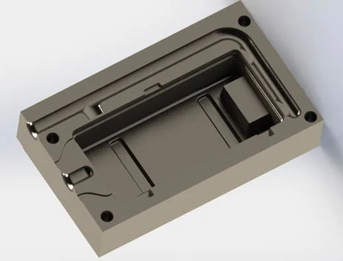 A metal printer bed or mold with a rectangular shape, raised edges, and screw holes in each corner.