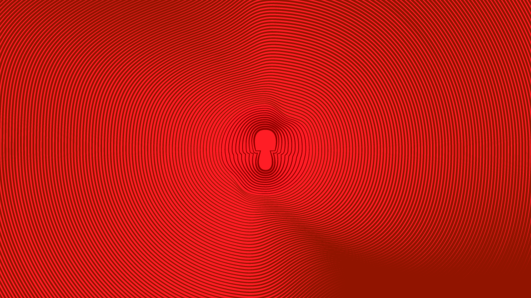 A red spiral pattern with concentric circles centered around a keyhole shape in the middle.