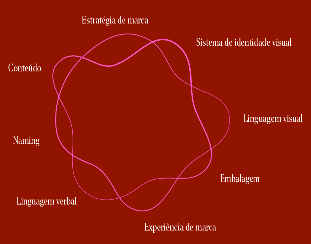 A diagram with nine interconnected pink lines forming a irregular shape over a brown background. The diagram labels, in Spanish, include 'Estrategia de marca,' 'Sistema de identidad visual,' 'Linguagem visual,' 'Embalagem,' 'Experiência de marca,' 'Linguagem verbal,' 'Naming,' 'Conteúdo,' and 'Innovação.'