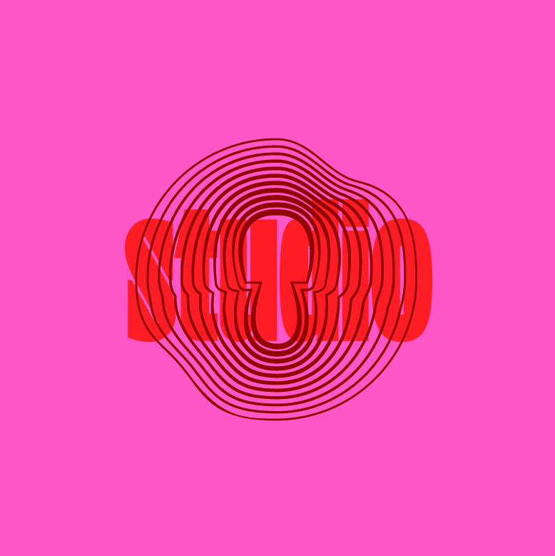 A pink background with red and black concentric lines forming a fingerprint pattern over the number 100, with the number 100 in bold red text behind the fingerprint design.