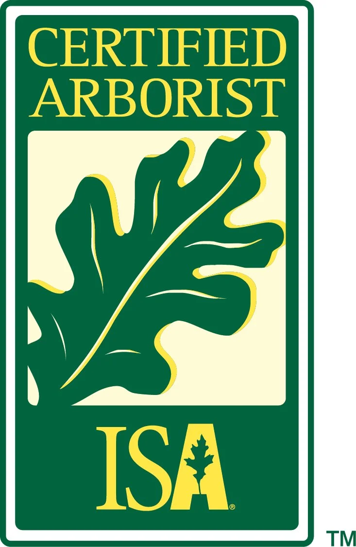 Green and yellow certification badge for a 'Certified Arborist' from the ISA, featuring a stylized tree leaf illustration.