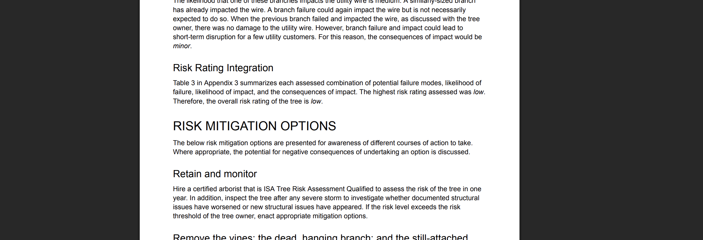 Text excerpt from a document discussing risk rating, risk mitigation options, and tree risk assessment, including headings and paragraph text.
