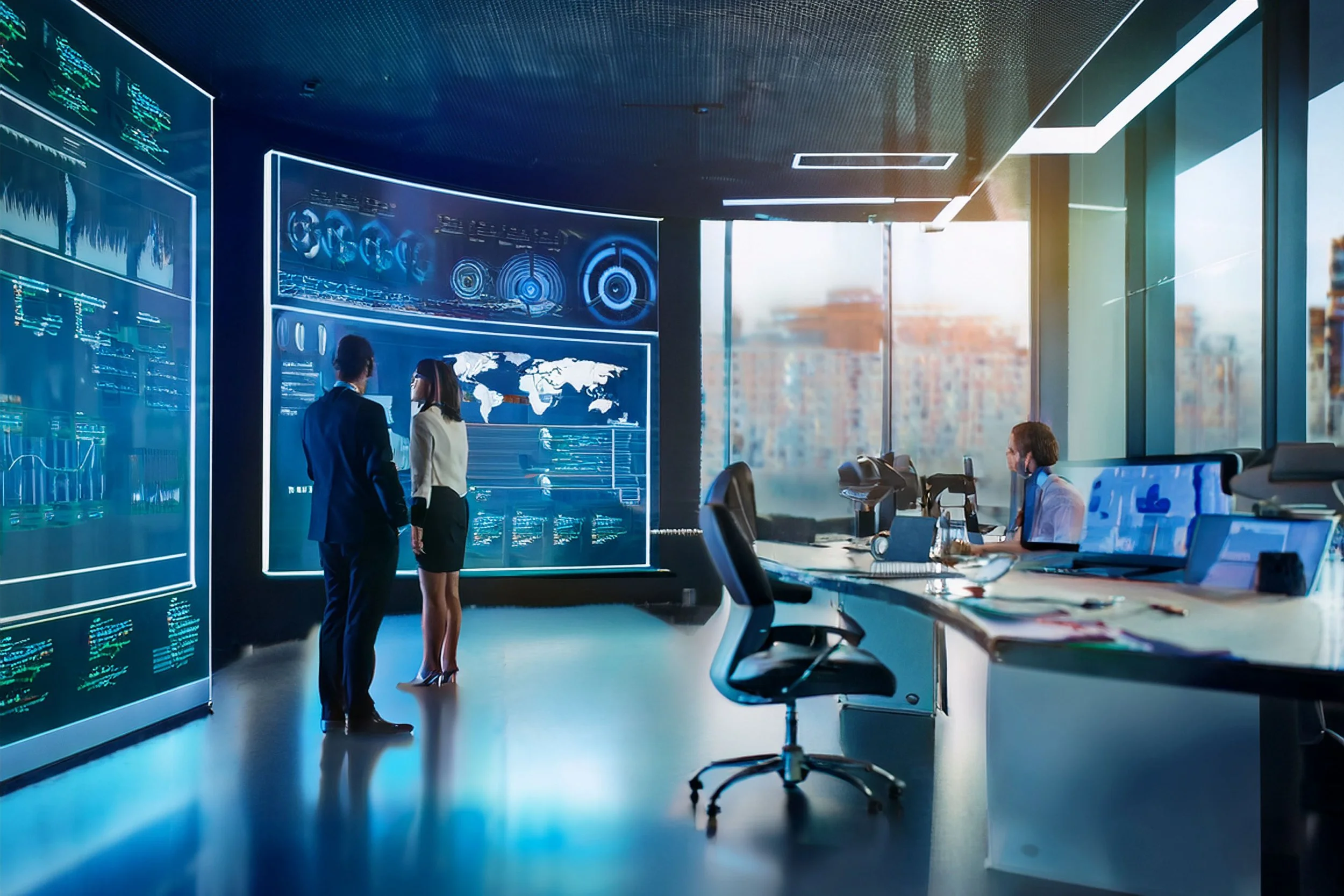 Modern office with a large digital display wall showing graphs and world maps. Two people in business attire are standing and talking, with additional people working at desks and a woman wearing a mask sitting at a conference table, lit by natural light through large windows.