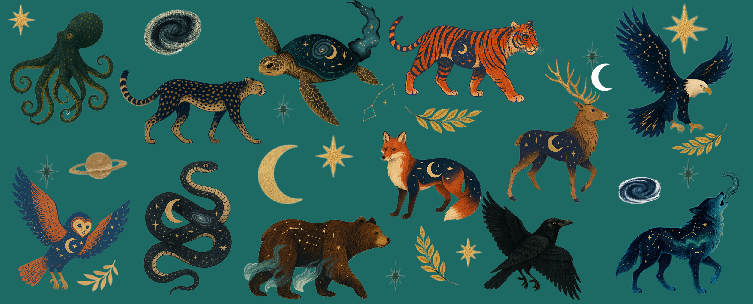 Illustration of various celestial and animal-themed elements, including star constellations, planets, a galaxy, moon, and animals such as a tiger, owl, fox, wolf, bear, eagle, snake, turtle, octopus, and crow, all with starry and moon motifs.