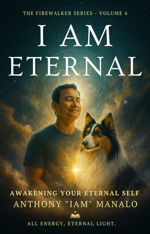 Book cover titled "I AM ETERNAL" by Anthony "IAM" Manalo, part of the Firewalker Series Volume 4. Features a man with closed eyes beside a dog, with a celestial background and glowing light.