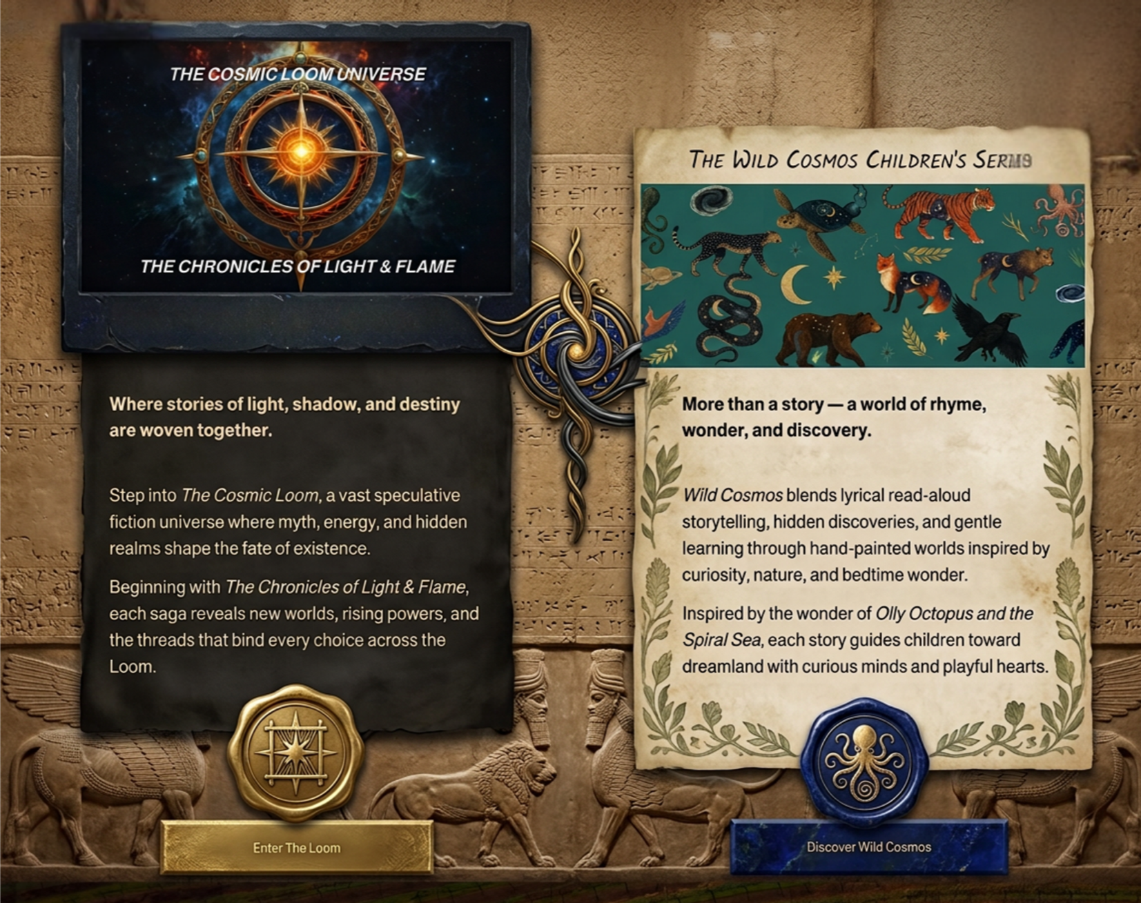 Digital display with promotional content for The Cosmic Loom Universe, featuring a circular cosmic symbol, and a scroll with details about Wild Cosmos, children’s stories with illustrations of animals and mythical creatures.