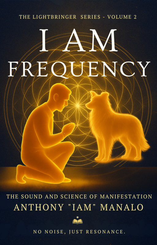 Book cover titled "I AM FREQUENCY" from The Lightbringer Series, Volume 2, by Anthony 'IAM' Manalo. Features a golden human figure kneeling with hands in a prayer position and a golden dog facing the figure, against a dark background with glowing, spiral-like patterns.