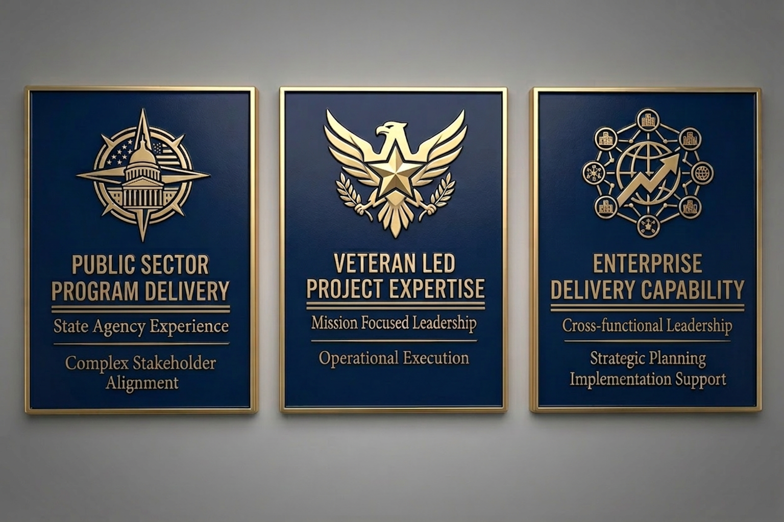Three blue and gold informational posters on a gray wall, with icons and text about public sector, veteran LED project expertise, and enterprise delivery capability.