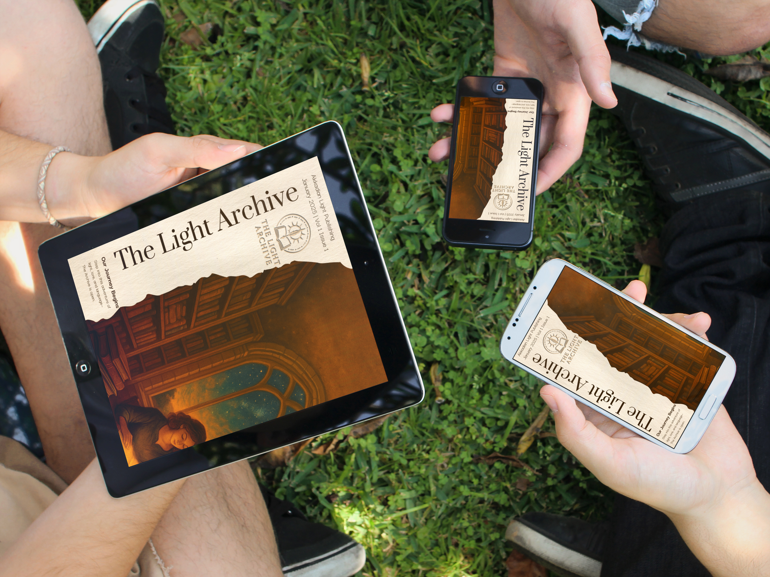 Three people sitting outdoors on grass, each holding a device displaying the cover of a book titled 'The Light Archive' with a library interior and a woman looking out a window on the cover.