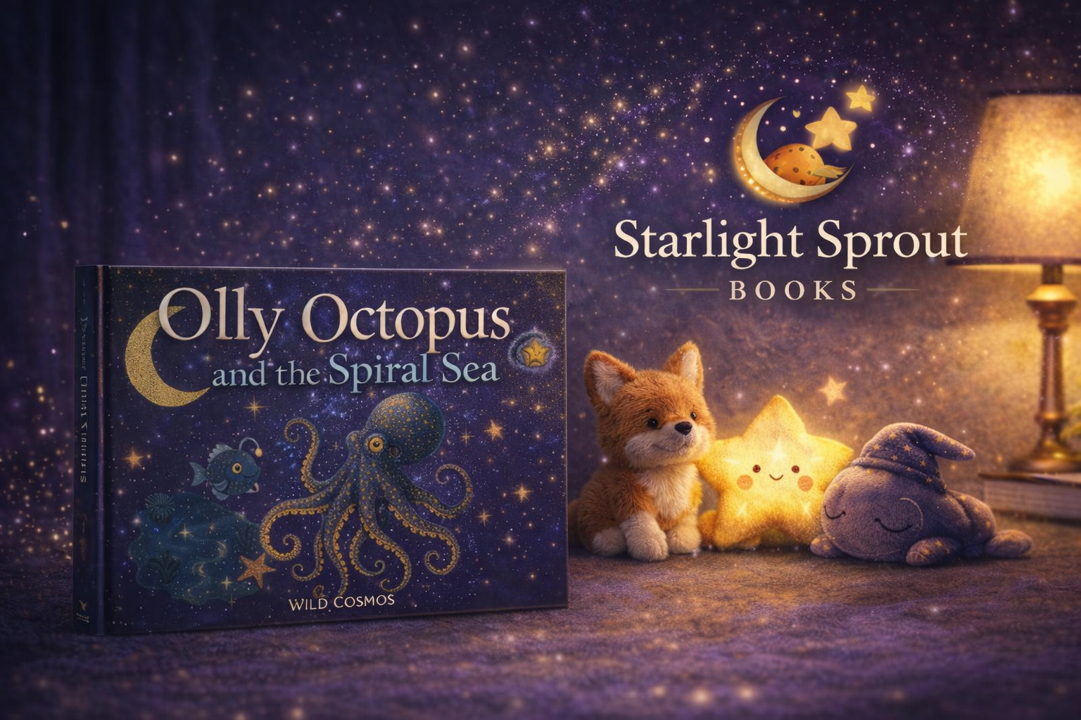 A children's book titled 'Olly Octopus and the Spiral Sea' standing on a glittery surface with plush toys of a fox, star, and cloud, illuminated by a warm lamp and set against a starry backdrop with a moon and stars graphic.