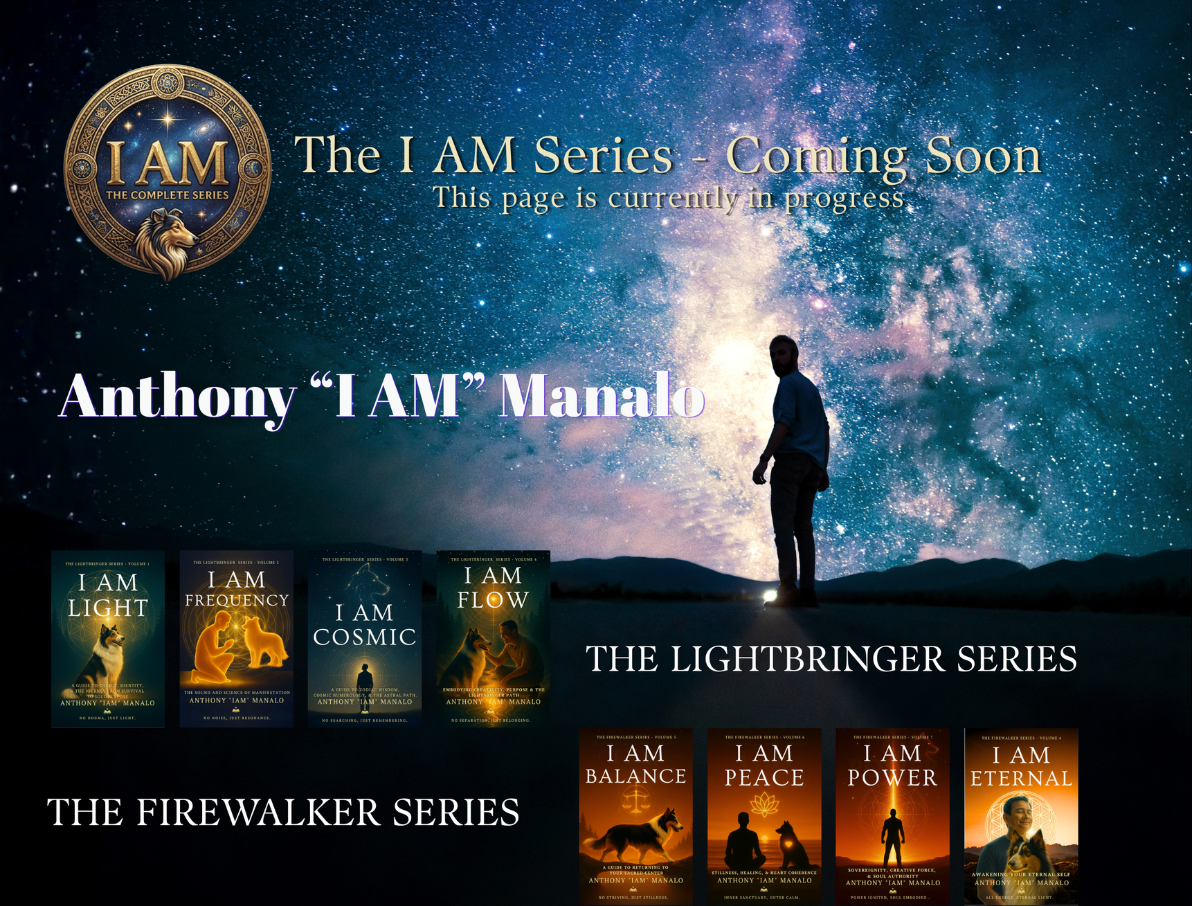 Promotional webpage for the I AM Series and Firewalker Series by Anthony 'I AM' Manalo. The background shows a starry night sky with a person standing near the horizon. The webpage features book covers from both series at the bottom.