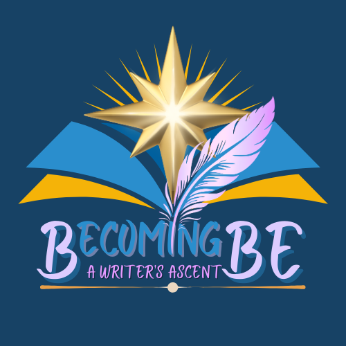 Logo with a golden star, open book, feather quill, and text 'Becoming B.E. A Writer's Ascent' on a dark background.