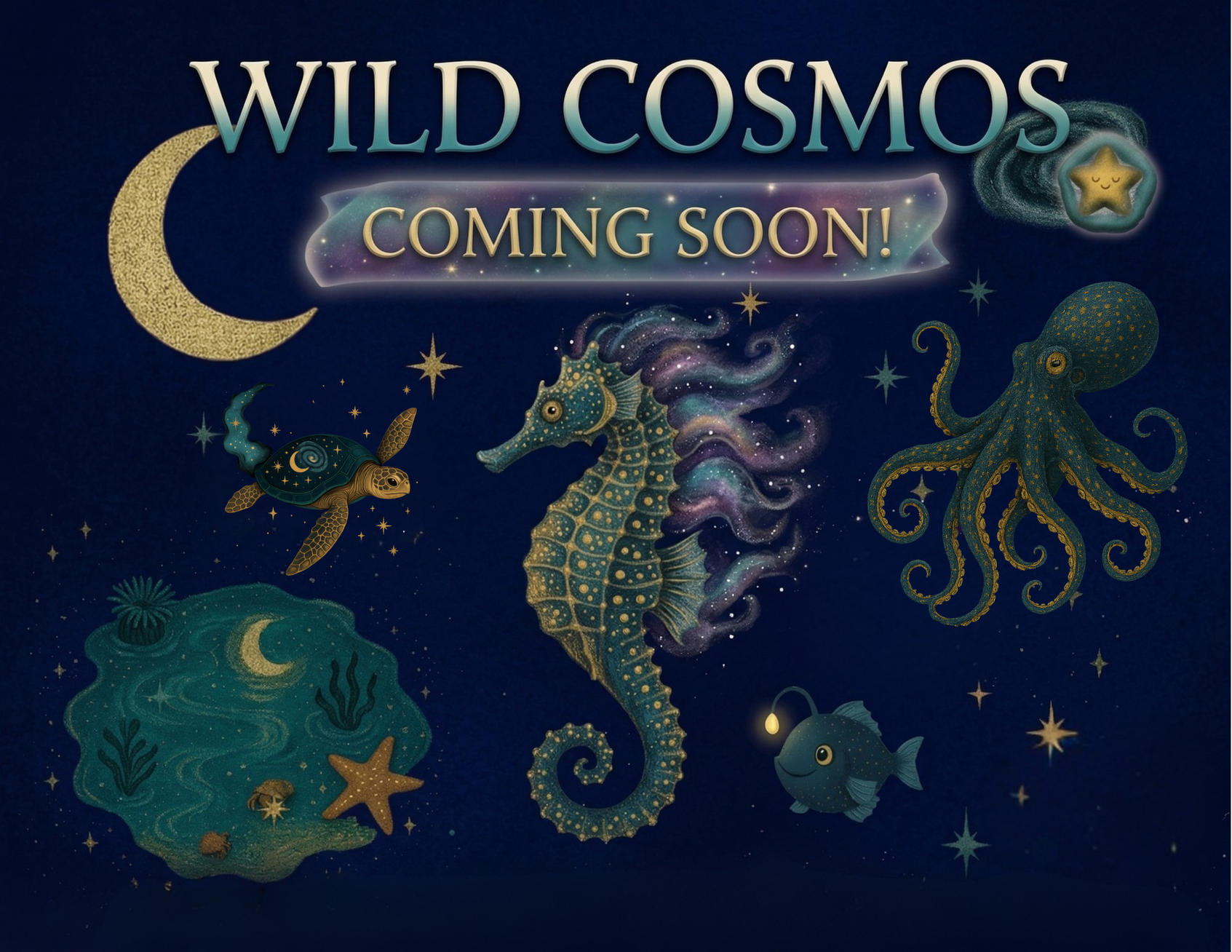 Illustration of an underwater scene with a moon, stars, and various sea creatures including a turtle, seahorse, octopus, and fish, with a sign that says 'Wild Cosmos Coming Soon!'