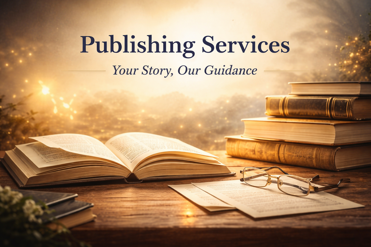 Open book, stack of closed books, and glasses on a wooden table with a warm, glowing background. Text overlay reads, 'Publishing Services Your Story, Our Guidance.'