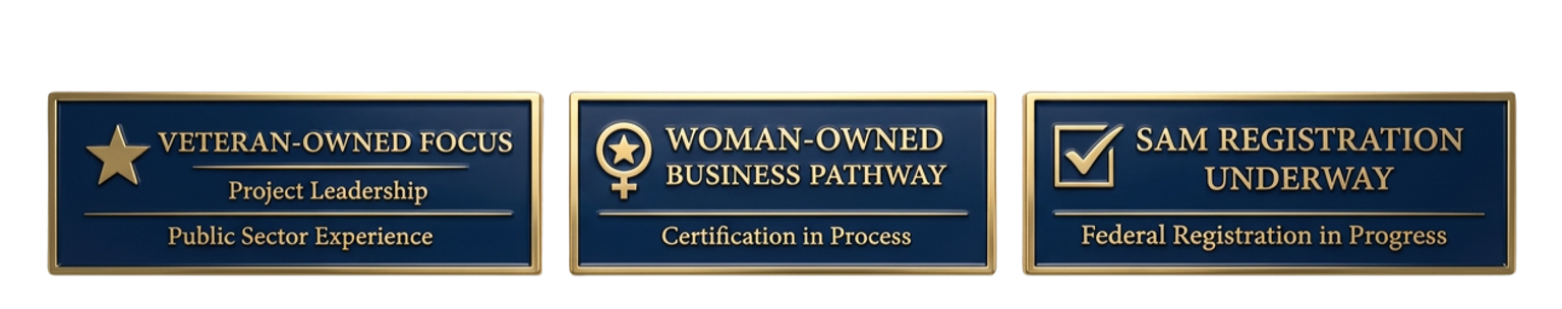 Three blue and gold plaques with text about business credentials: 1) Veteran-Owned Focus, Project Leadership, Public Sector Experience; 2) Woman-Owned Business Pathway, Certification in Process; 3) Sam Registration Underway, Federal Registration in Progress.