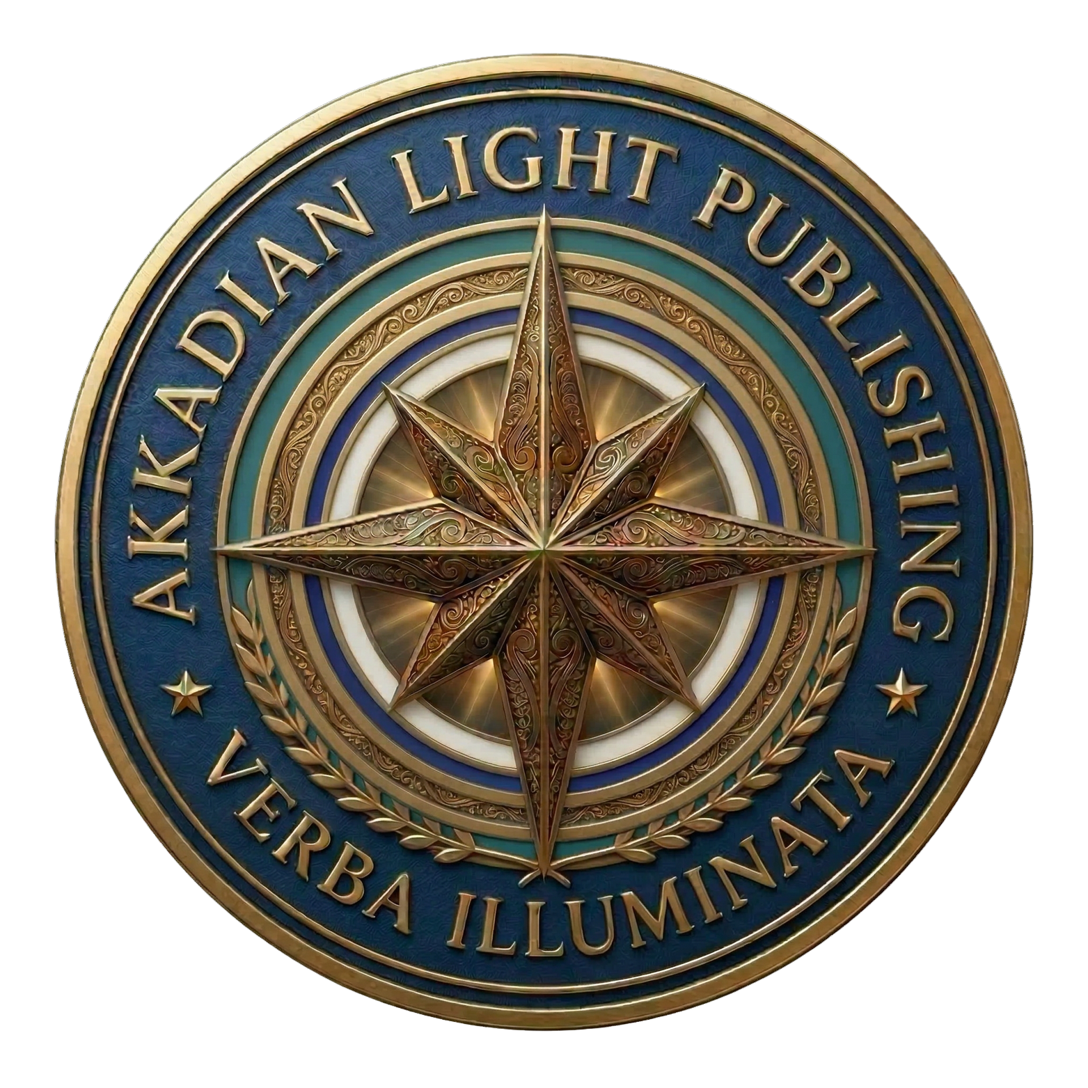 Gold and blue emblem with a compass rose design and the words 'Arcticadian Light Publishing' and 'Verba Illumina' surrounding it.