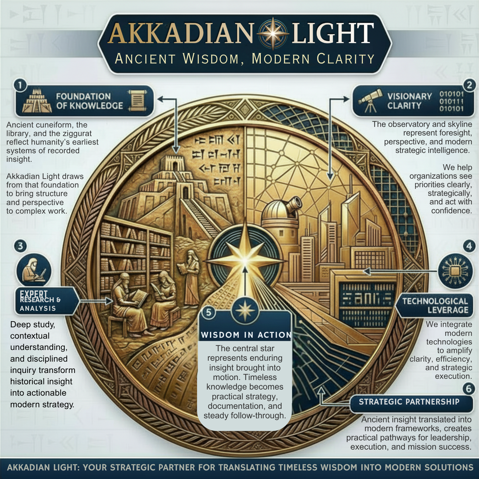 Diagram titled 'Akkadian Light: Ancient Wisdom, Modern Clarity' featuring six sections explaining the integration of ancient knowledge and modern technology. Sections include Foundation of Knowledge, Visionary Clarity, Expert Research & Analysis, Technological Leverage, Wisdom in Action, and Strategic Partnership, with related descriptions and illustrations of ancient structures, observatories, books, and modern cityscape.
