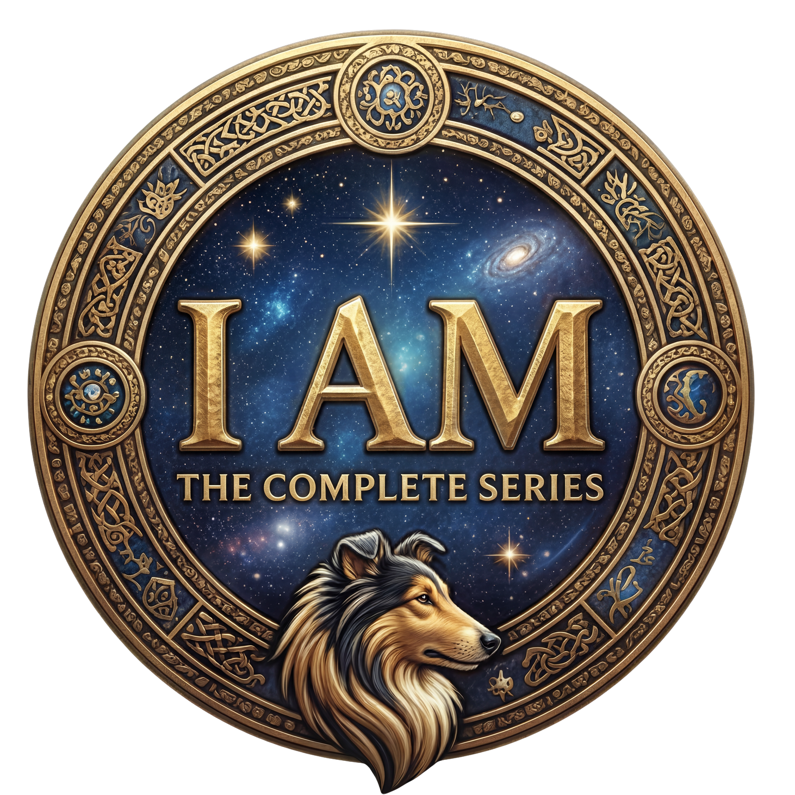 A circular emblem with a cosmic background of stars and galaxies, featuring the text "I AM THE COMPLETE SERIES" in gold, ornate border designs with celestial symbols, and a detailed illustration of a dog's head at the bottom.