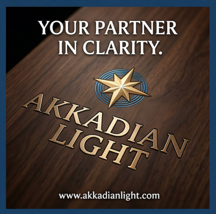 A promotional flyer for Akkadian Light with a wooden background, displaying the text 'Your Partner in Clarity.' and the company's website www.akkadianlight.com, along with a star-like logo.