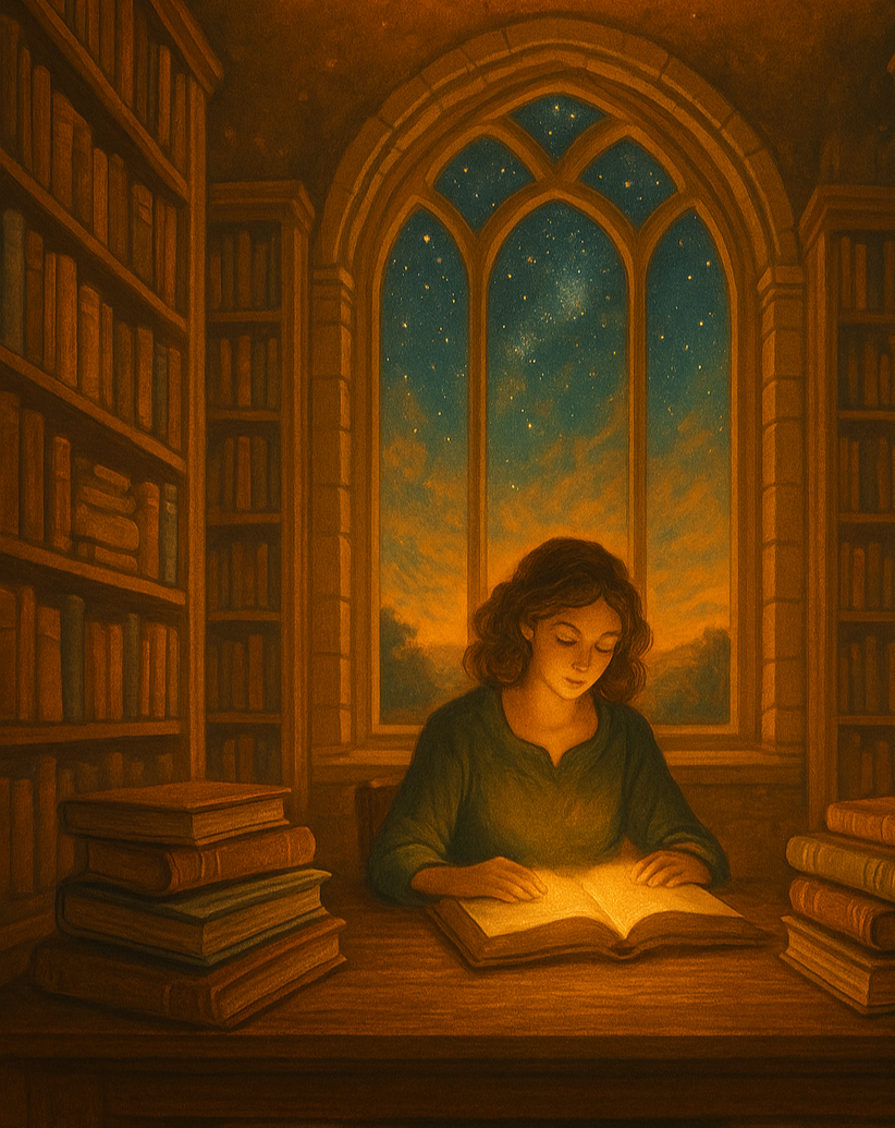 A young woman reading a glowing book at a desk in a library with tall bookshelves, large arched window, and a starry night sky outside.