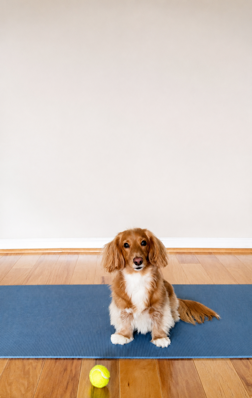 A brown and white long-haired dog sitting on a blue yoga mat in a room with hardwood floors, a yellow tennis ball in front, and a plain beige wall background.