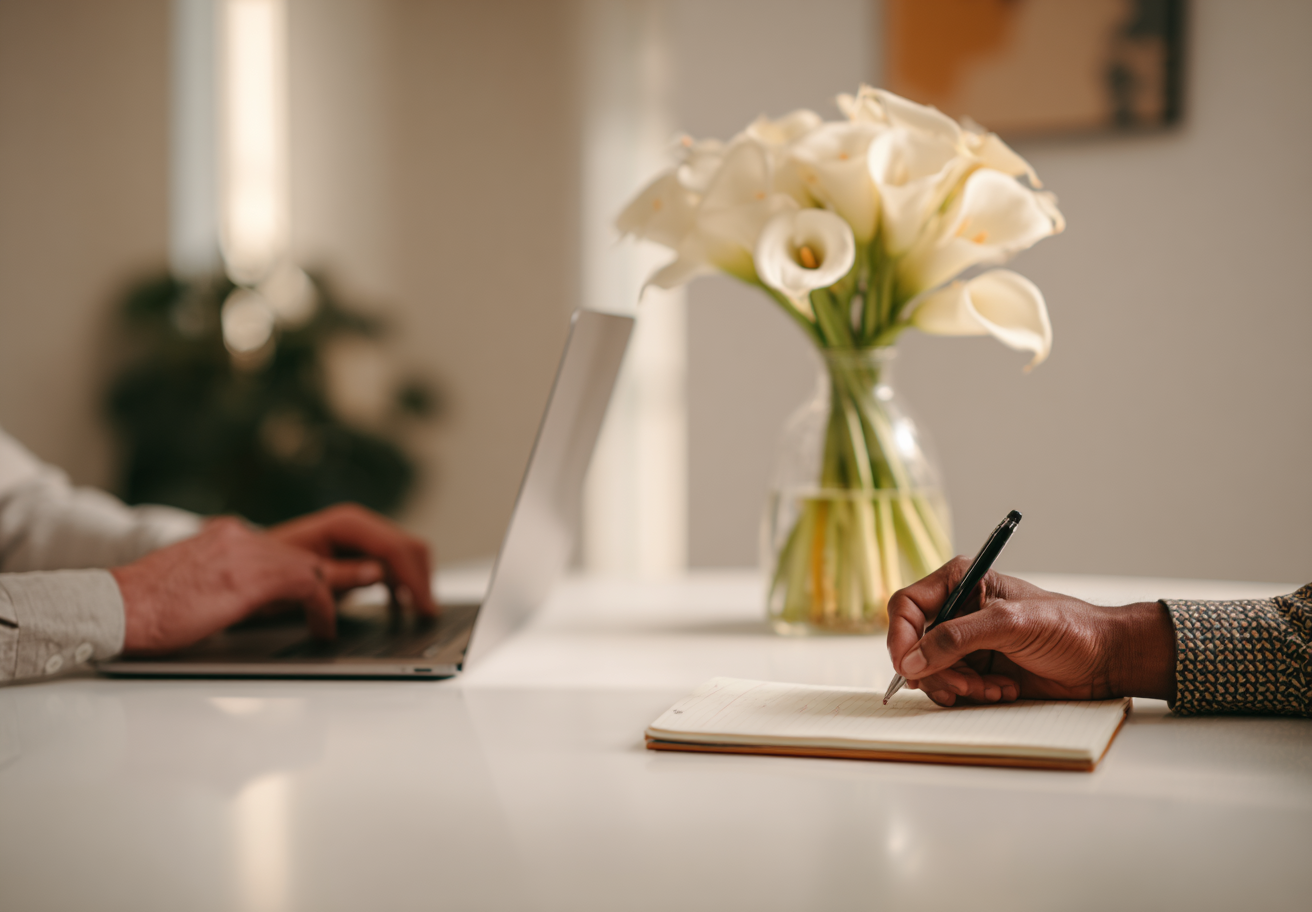 A person writes in a notebook while another types on a laptop on a white table. A vase with white calla lilies is in the background.