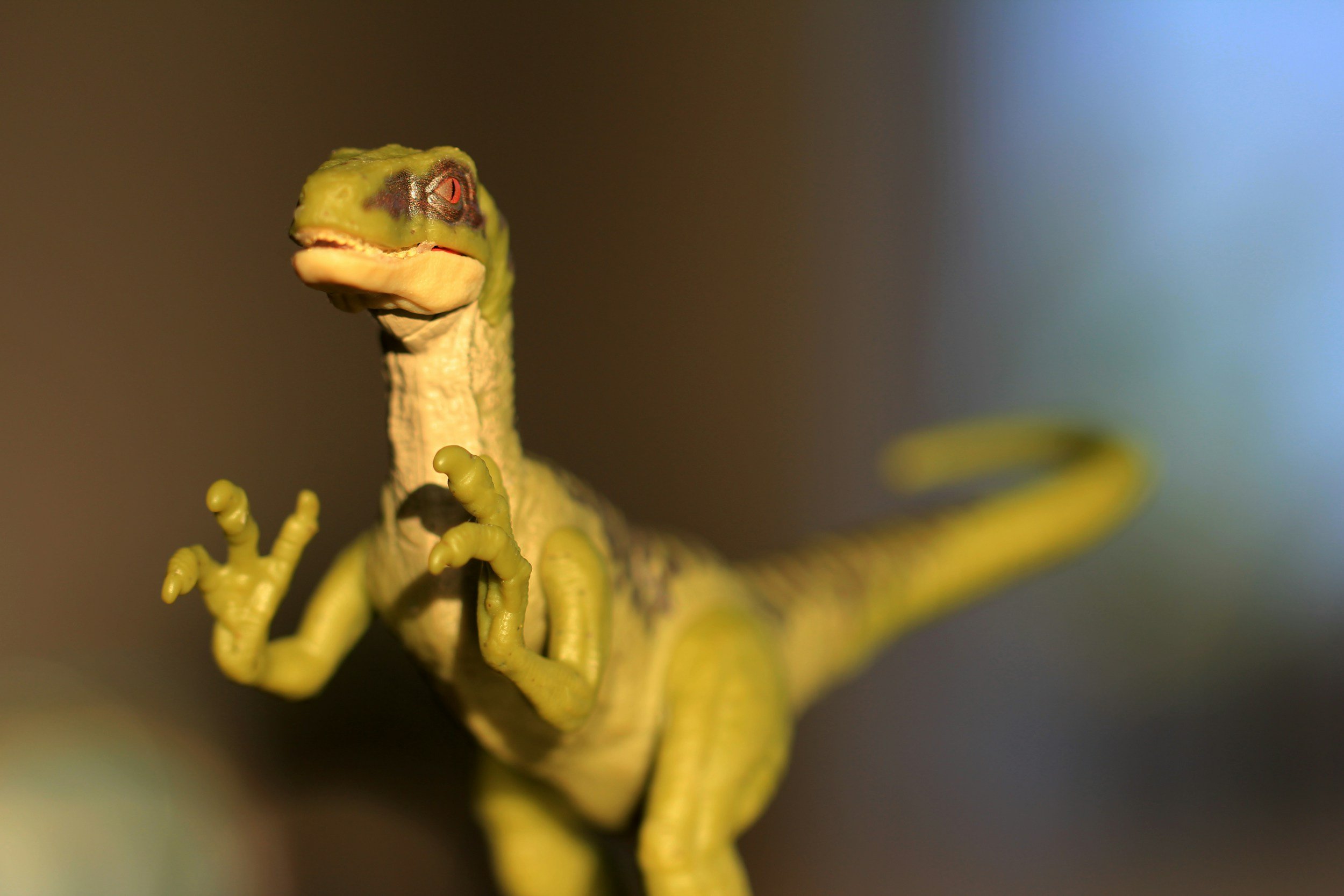 Close-up of a small, green, plastic toy dinosaur with a long tail and tiny arms, set against a blurred background.