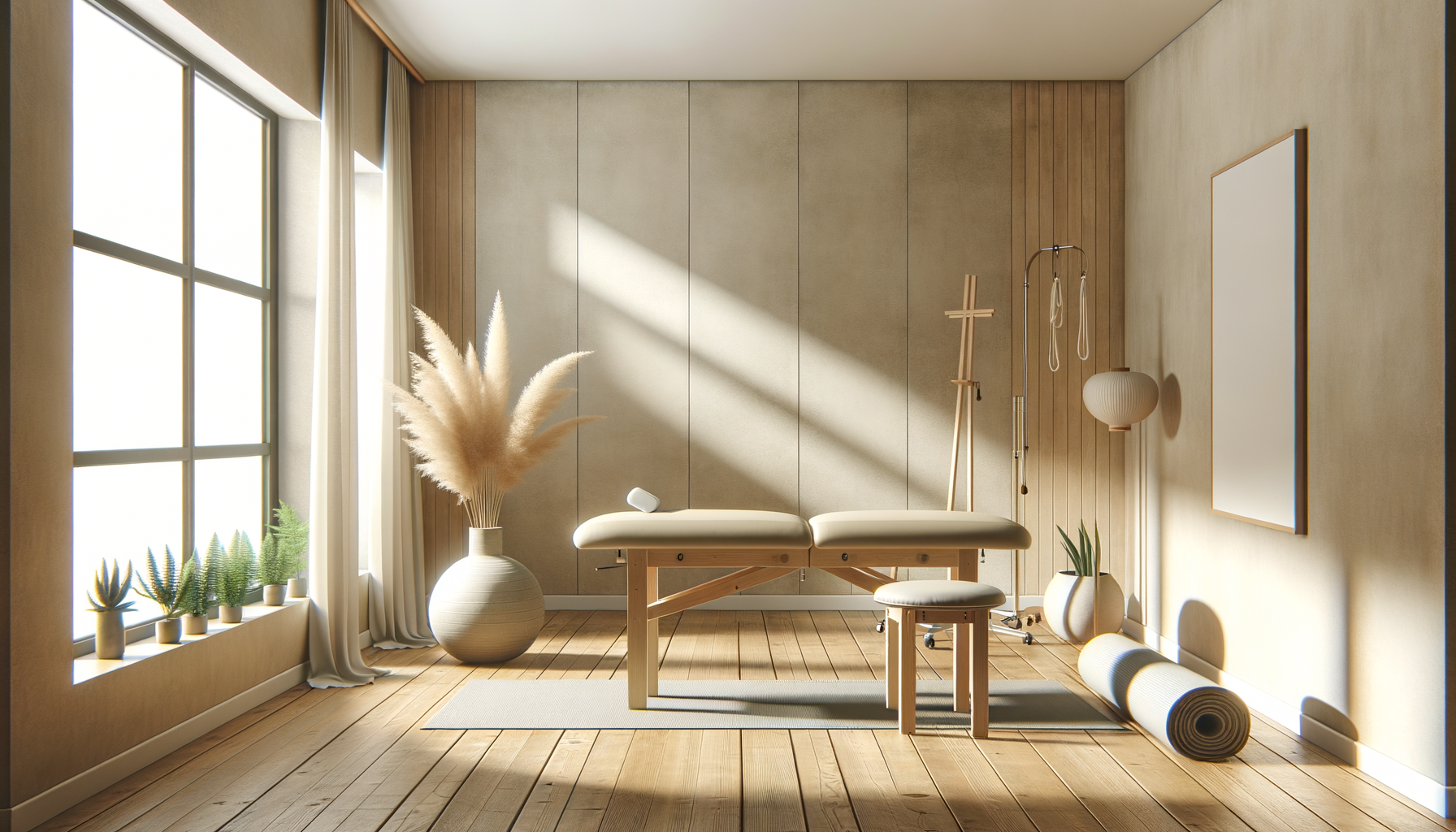 Sunlit room with beige and wooden walls, a large window with white curtains, potted plants on a windowsill, a massage table, a stool, a standing lamp with straps, an easel, and minimalist decor.
