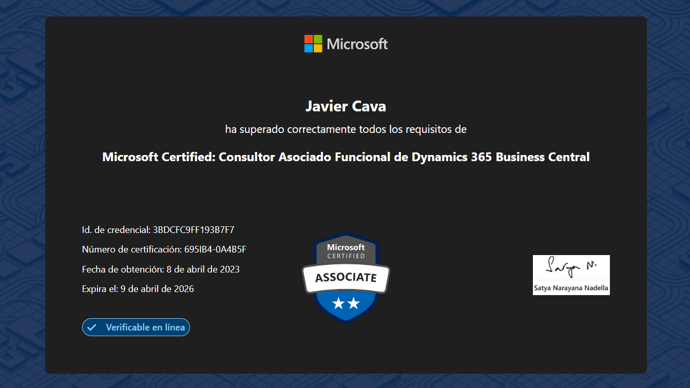 Certificado digital de Microsoft avalando la superación de requisitos para convertirse en Consultor Asociado en Dynamics 365 Business Central, con firma y código de certificación.