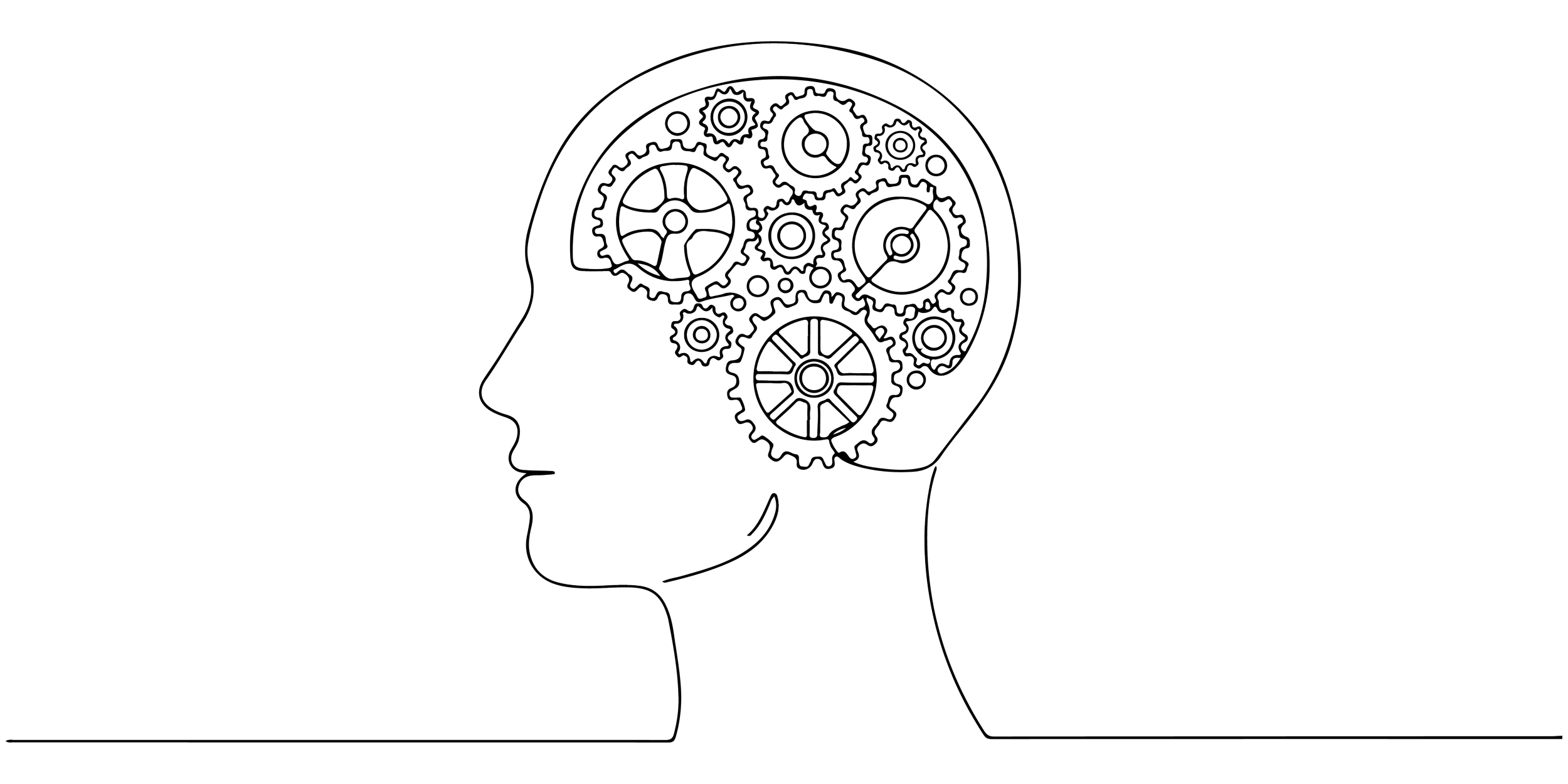 Outline of a human head profile with cogs and gears inside representing thinking or mental processes.