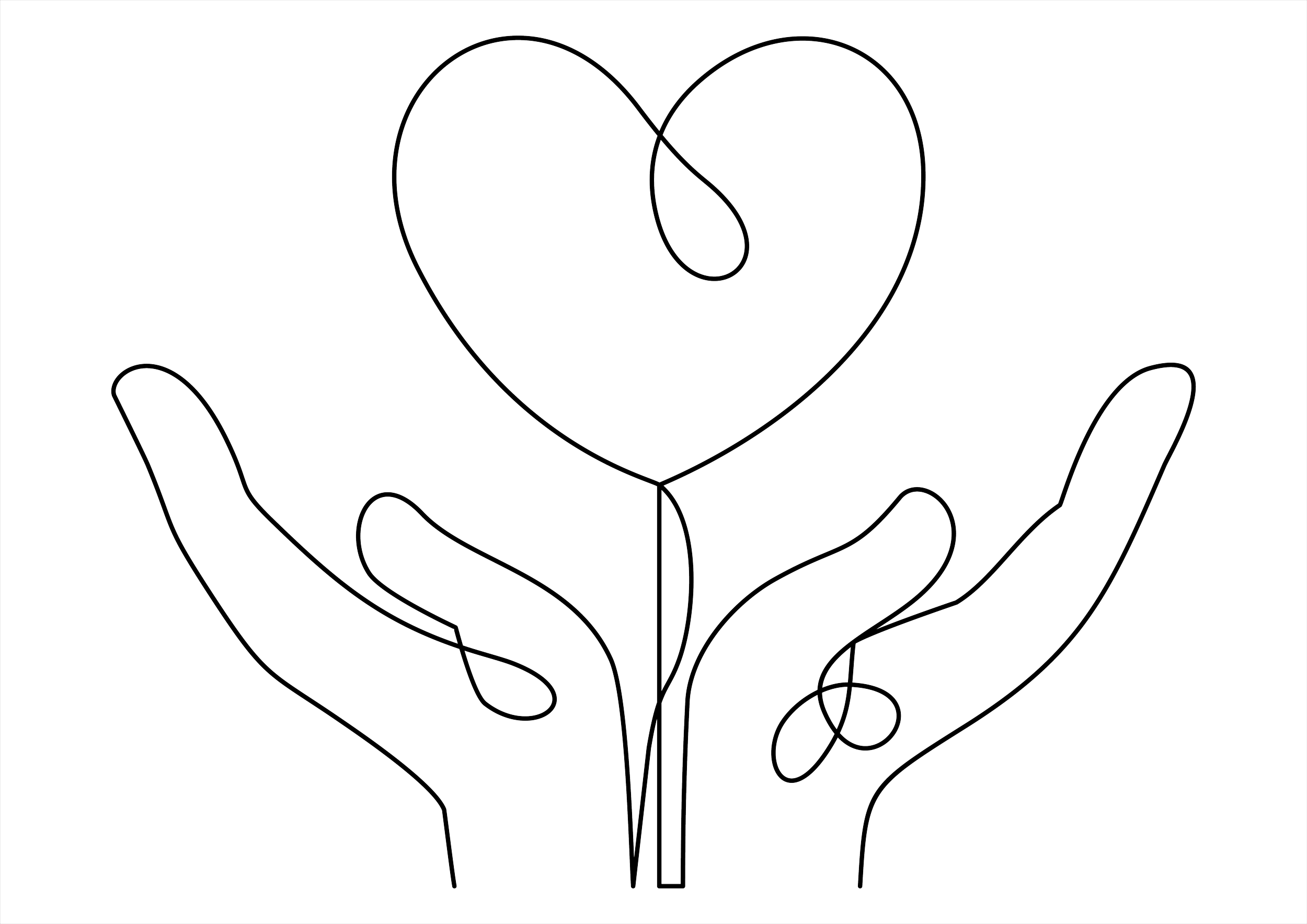 A neon outline of a heart in the center, with two open hands beneath it, all outlined in white on a black background.