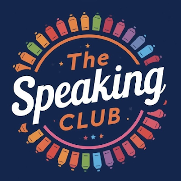 Logo for The Speaking Club featuring colorful pens arranged in a circle around the text.