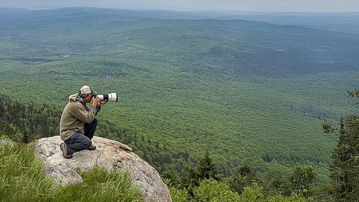 Un homme avec un chapeau, un hoodie gris et un pantalon noir, en train de photographier avec un téléobjectif depuis un rocher sur une montagne, avec une vaste forêt verte s'étendant à perte de vue.