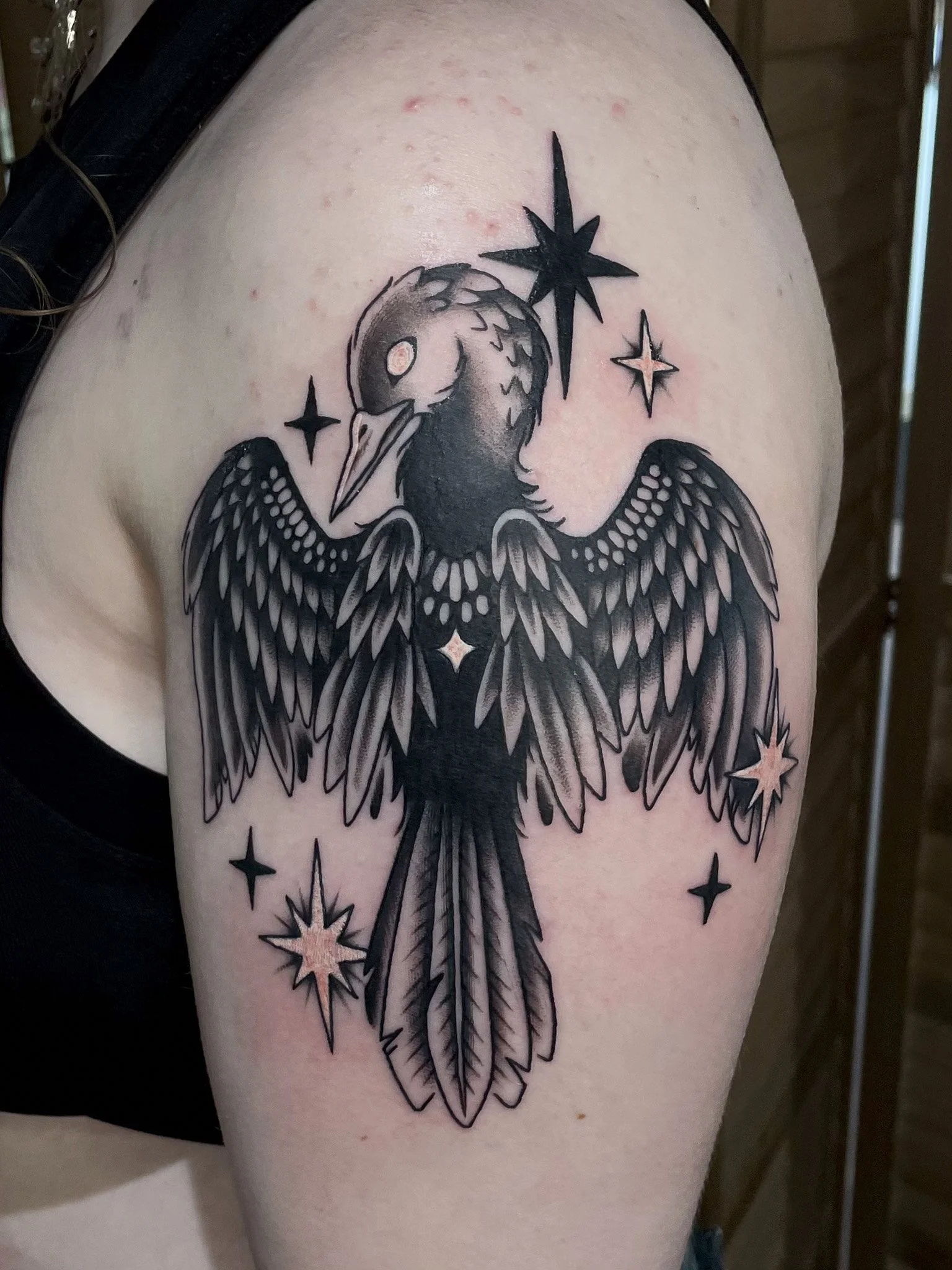 Black and gray tattoo of a bird with outstretched wings surrounded by stars on upper arm.