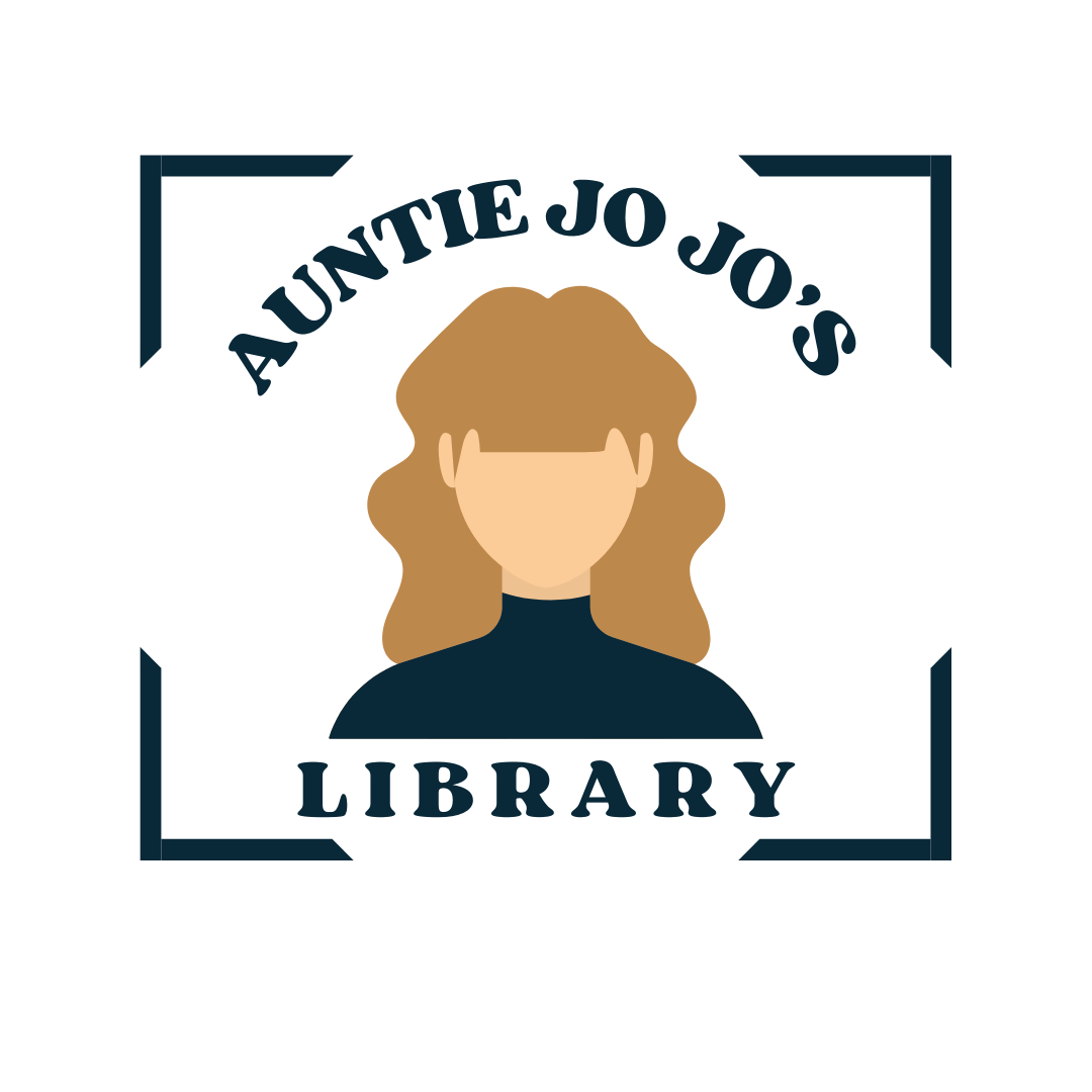 Logo for Auntie Jo Jo's Library with an illustrated woman with brown hair, surrounded by text.