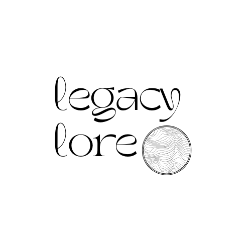Stylized text reading 'legacy' and 'lore', with a circular graphic resembling contour lines.