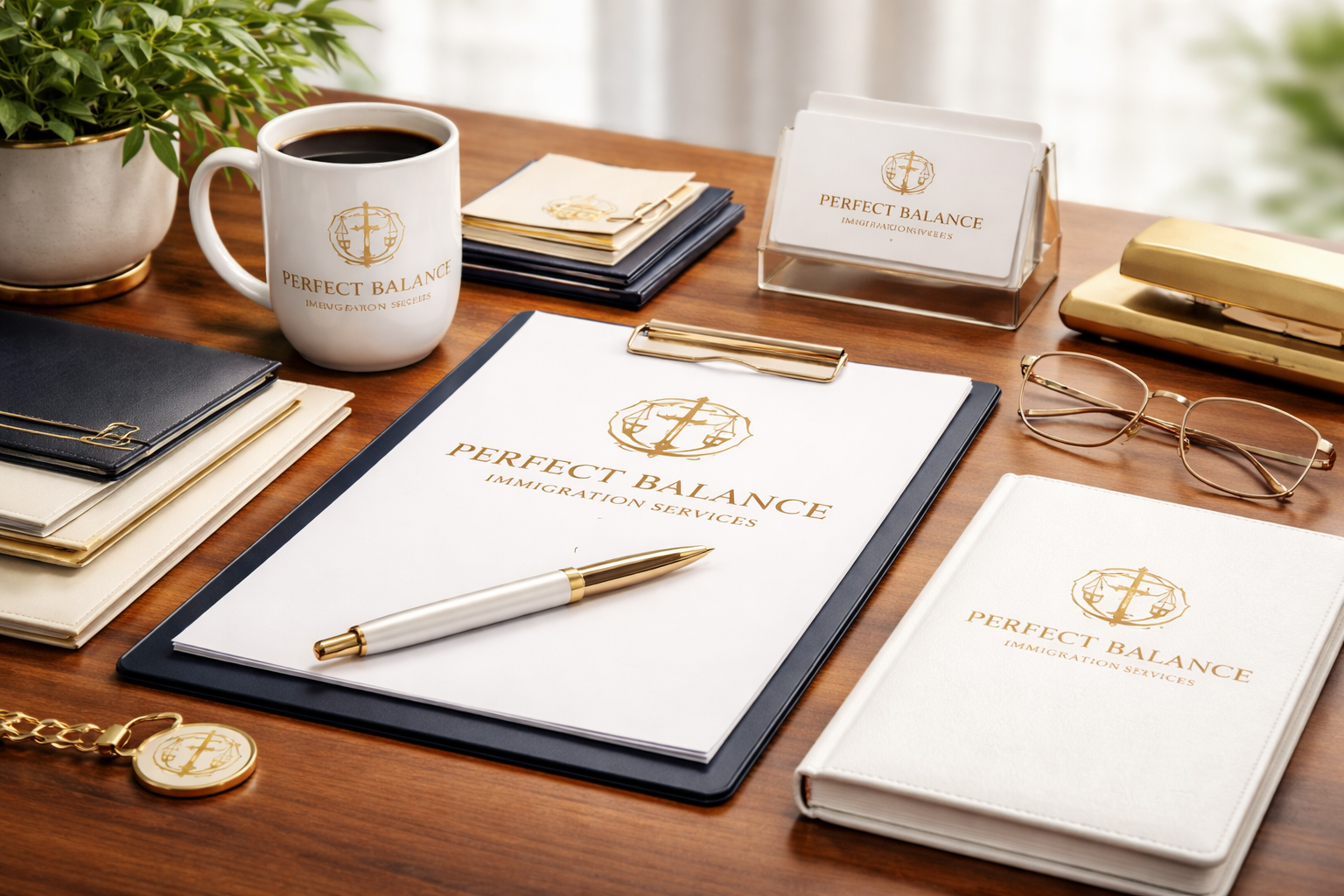 Office desk with branding materials for Perfect Balance Immigration Services, including a coffee mug, notebooks, a clipboard, eyeglasses, gold stapler, pens, and a plant.