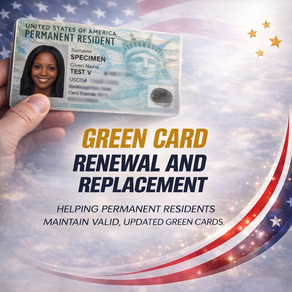 A person holding a green United States permanent resident card with a photo of a smiling woman, fingerprint, and personal information, against a patriotic background with American flag elements and gold stars. The text promotes green card renewal and replacement for permanent residents.