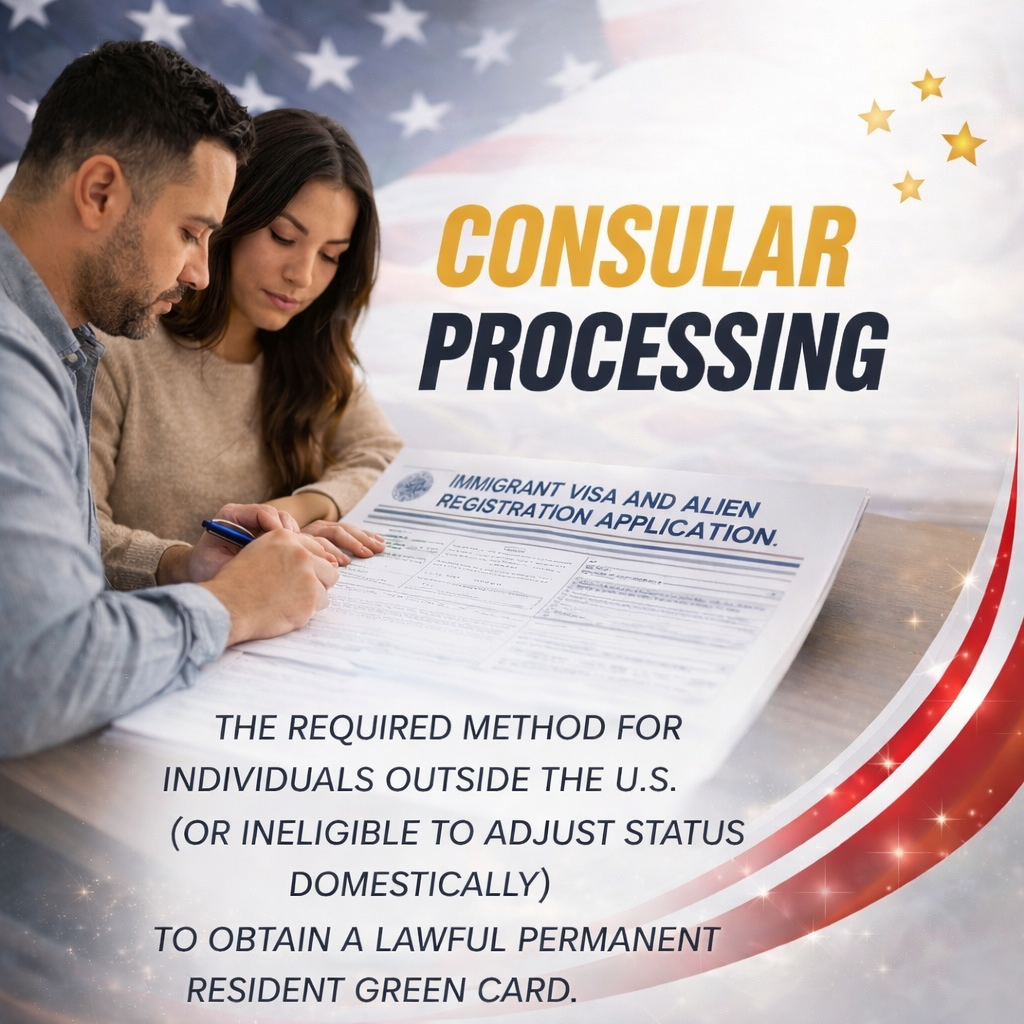 A man and woman reviewing an immigrant visa and alien registration application form, with a background of an American flag and golden stars, along with text about consular processing for obtaining a lawful permanent resident green card.