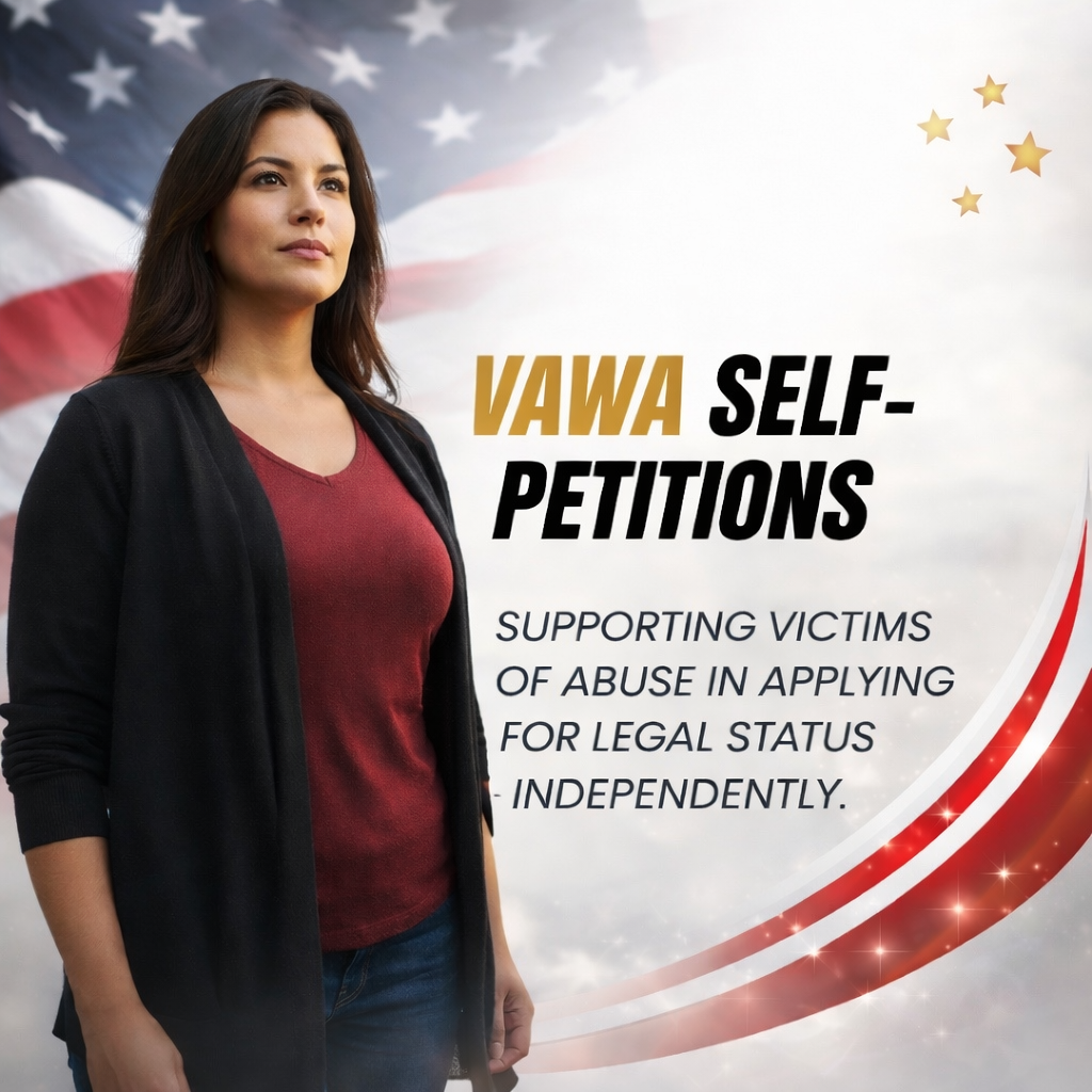A woman standing confidently in front of a backdrop with an American flag, supporting VAWA self-petitions for victims of abuse applying for legal status independently.