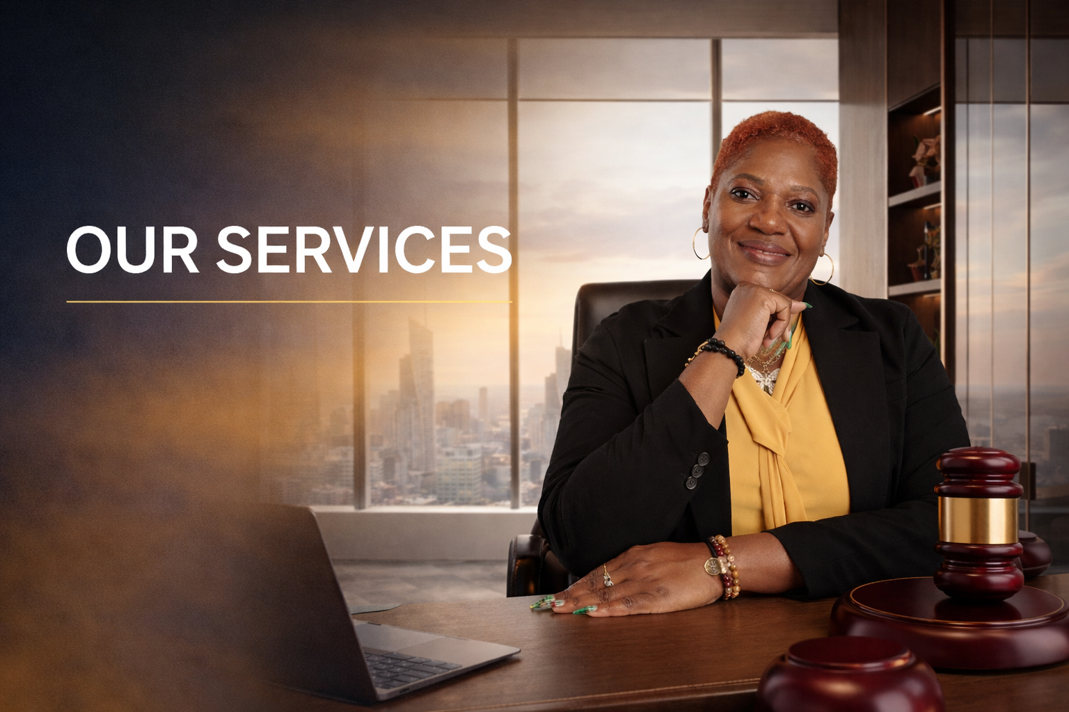 Professional woman with short red hair smiling at the camera, seated at a desk in a modern office with city skyline in the background. The desk has a laptop and a gavel, and the text 'Our Services' is displayed on the left.
