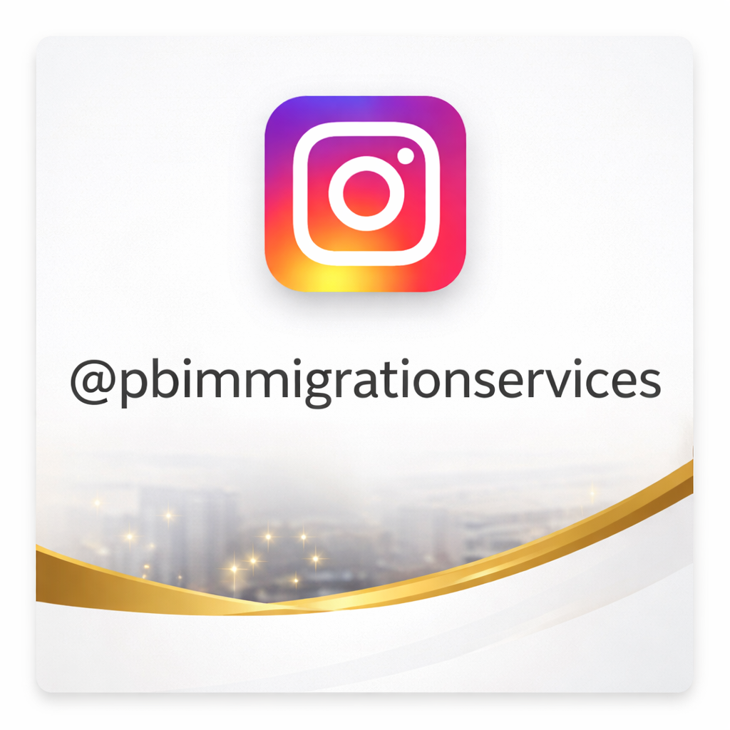 Instagram icon above the text '@pbimmigrationservices' on a white background with a gold and gray curved design at the bottom.