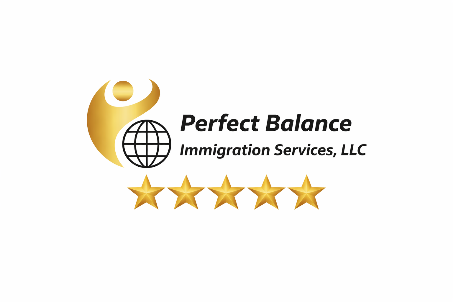 Logo for Perfect Balance Immigration Services, LLC featuring a gold abstract figure, a globe icon, the company name, and five gold stars.