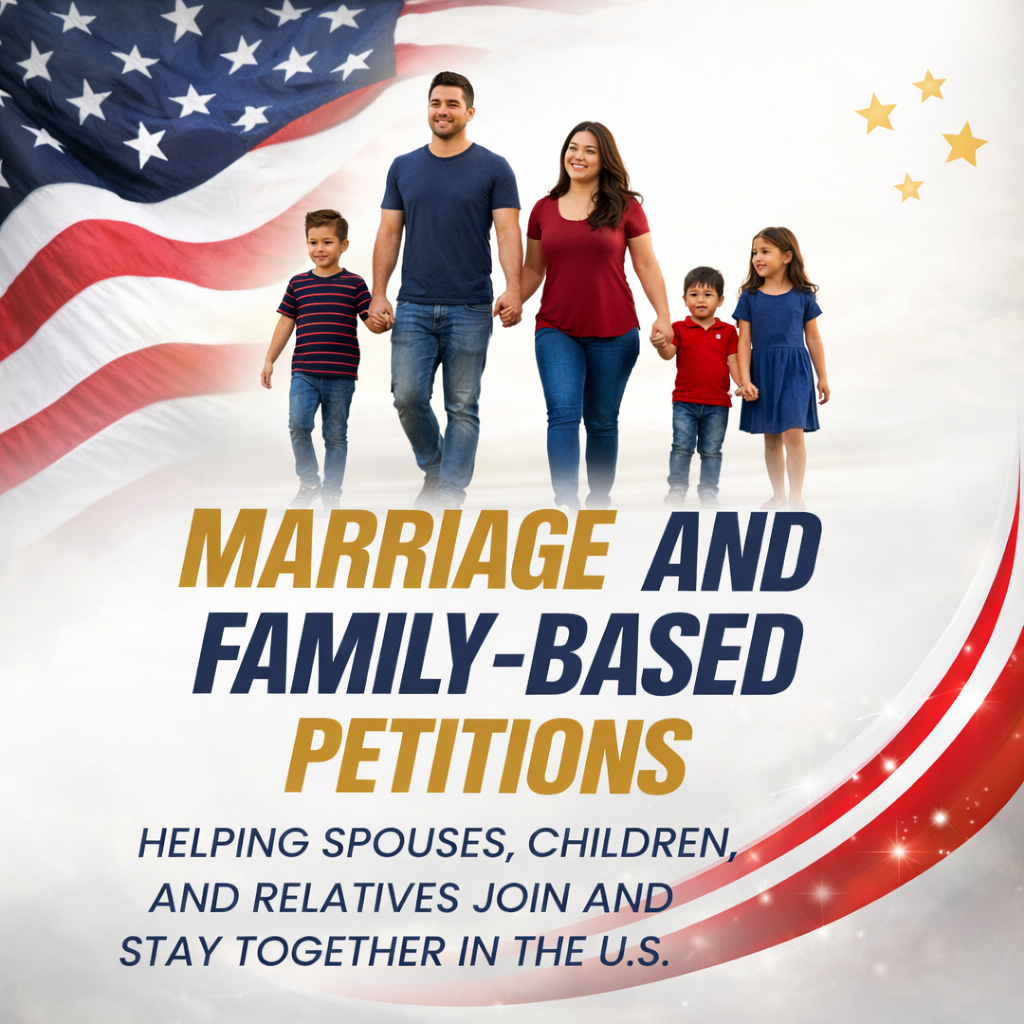 A family of five, including two adults and three children, walking together hand-in-hand in front of an American flag, with text about marriage and family-based petitions.