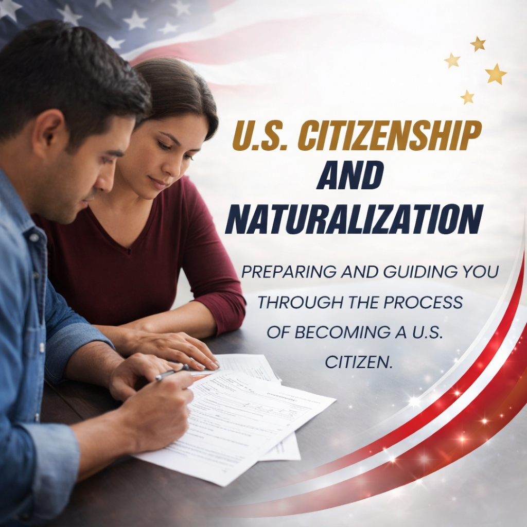 A man and a woman sitting at a table, reviewing documents together, with U.S. flags and stars in the background, about U.S. citizenship and naturalization.