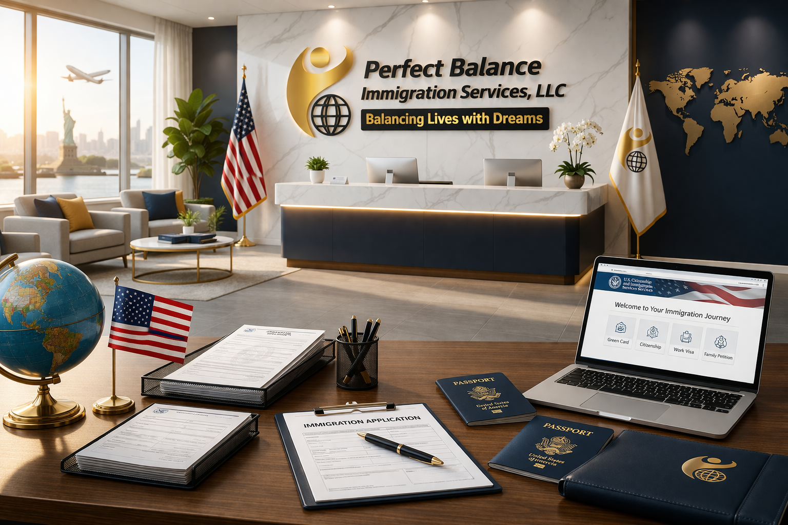 Reception area of an immigration service office with United States and company flags, a globe, and immigration documents on a desk, with an interior view of the office in the background.