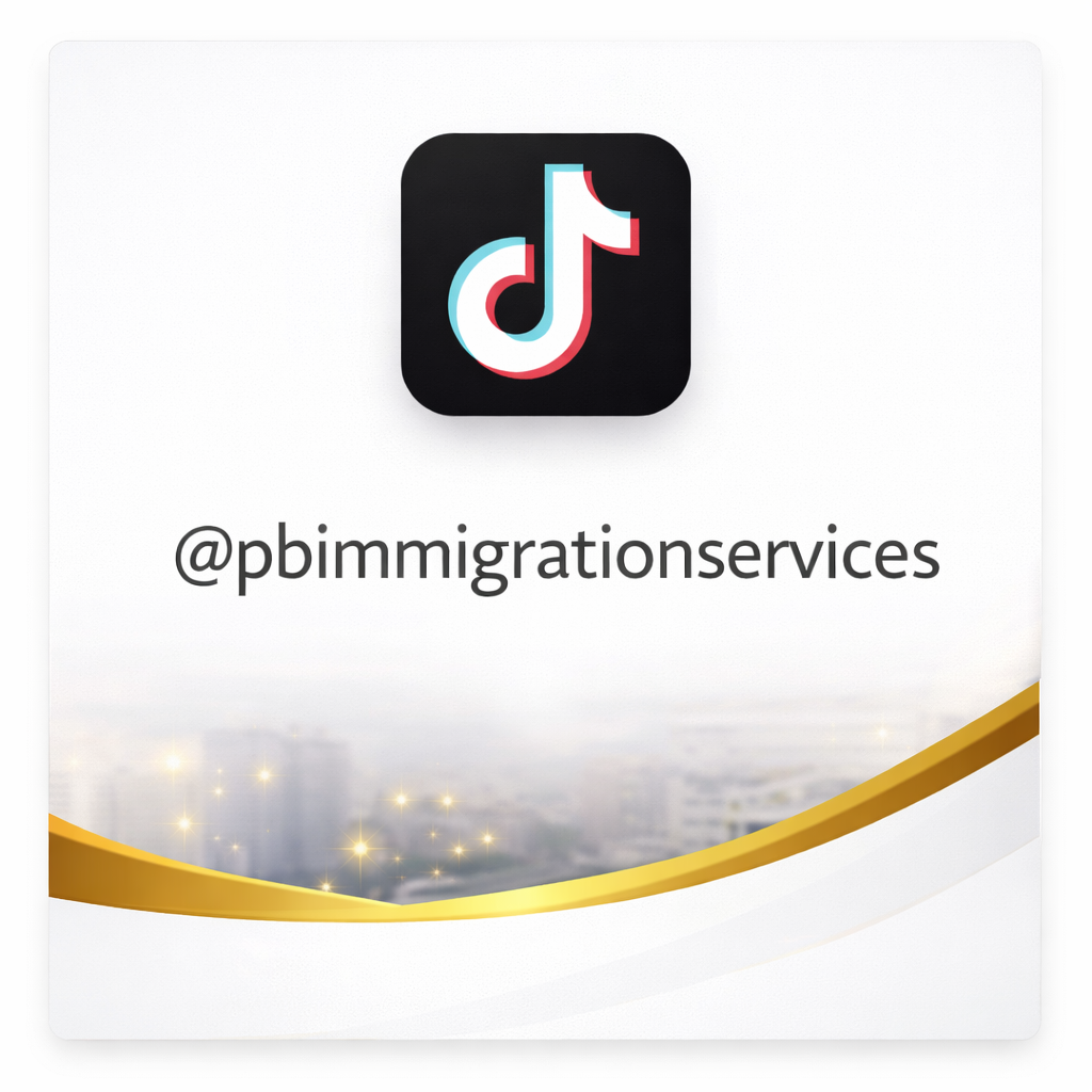 TikTok app icon with the username '@pbmmigrationservices' displayed below it on a white background with a gold decorative element at the bottom.