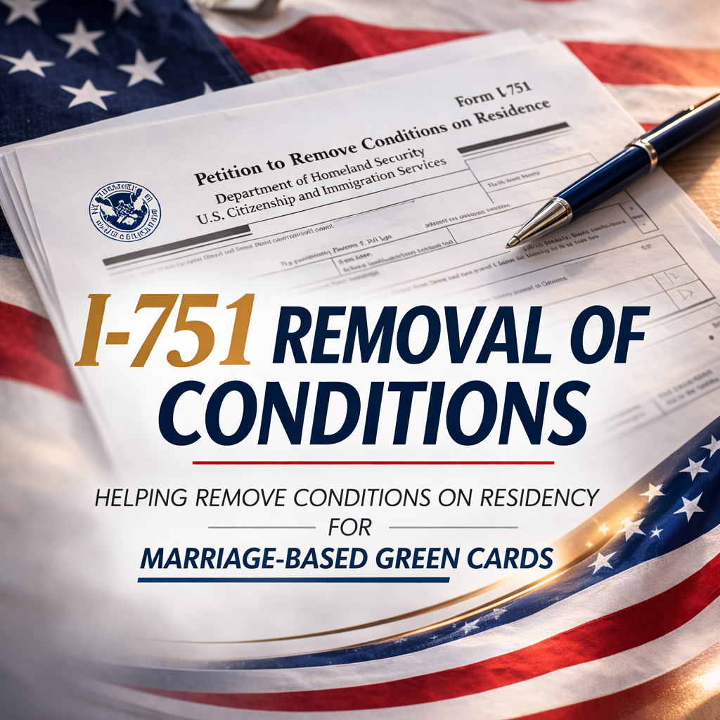 A document titled "Petition to Remove Conditions on Residence" with the form number I-751, accompanied by an American flag in the background and a blue pen resting on the paper.